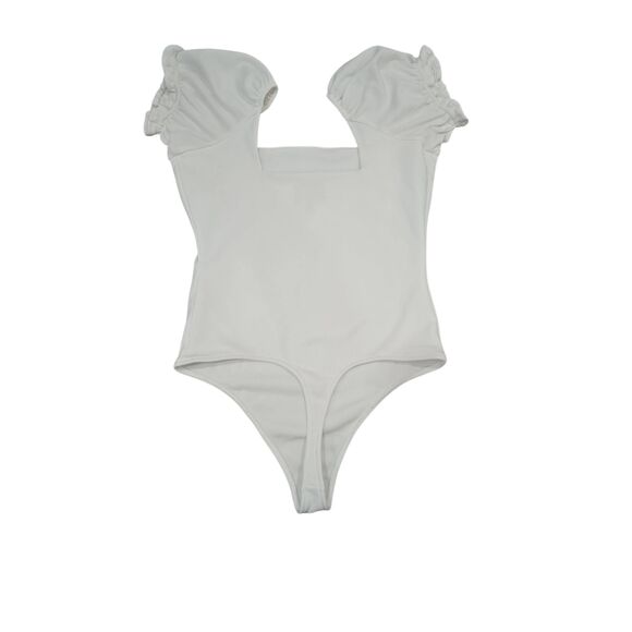 Show Me Your Mumu White Puff Sleeve Bodysuit L Square Neck Stretch One Piece Mad - Picture 7 of 8